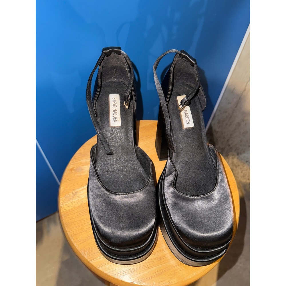Steve Madden Black Satin Double Platform Block Heel Ankle Strap Pumps Womens